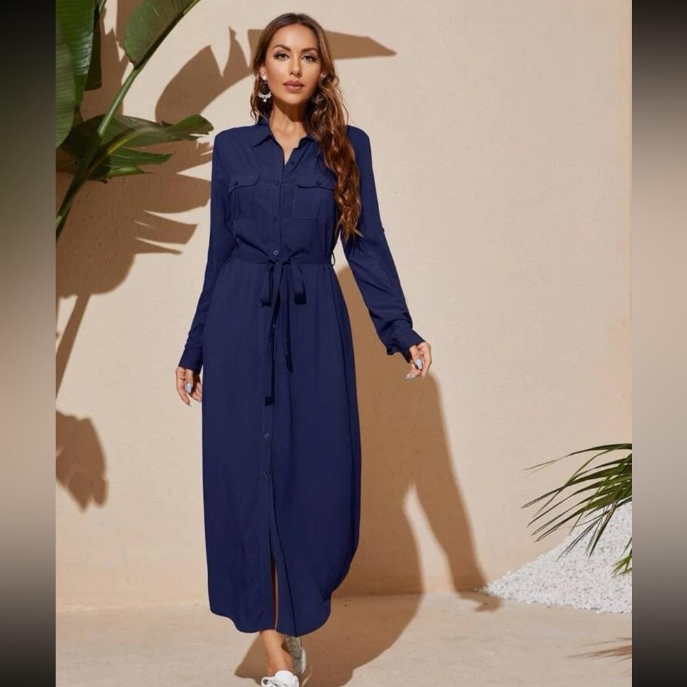 SHEIN Mulvari Roll Up Sleeve Flap Pocket Belted Shirt Dress Size M